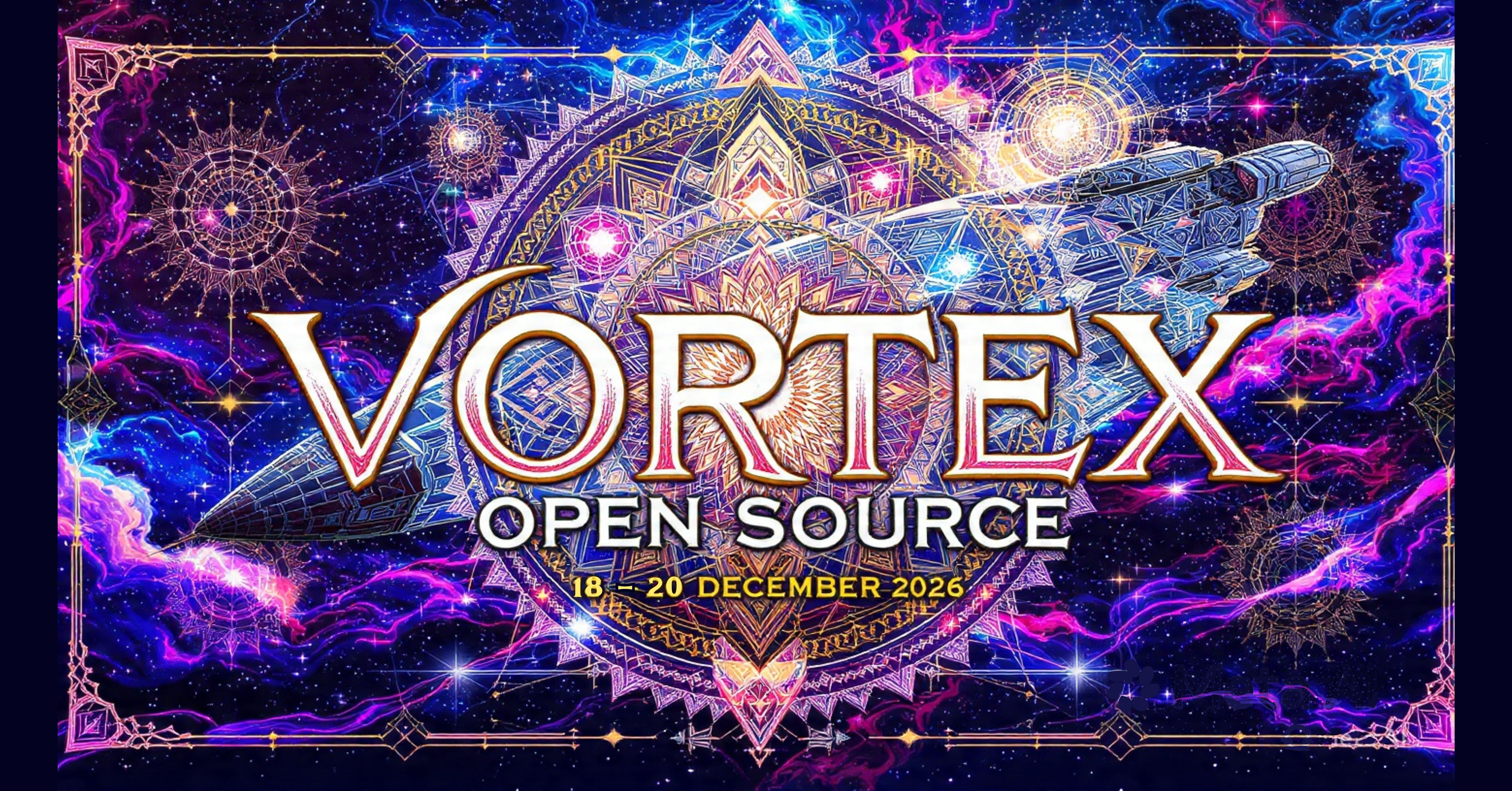 The official Open Source 2026 artwork: an ornamental mandala over a magenta and blue nebula, a geometric spacecraft crossing the frame, framed by an engraved border
