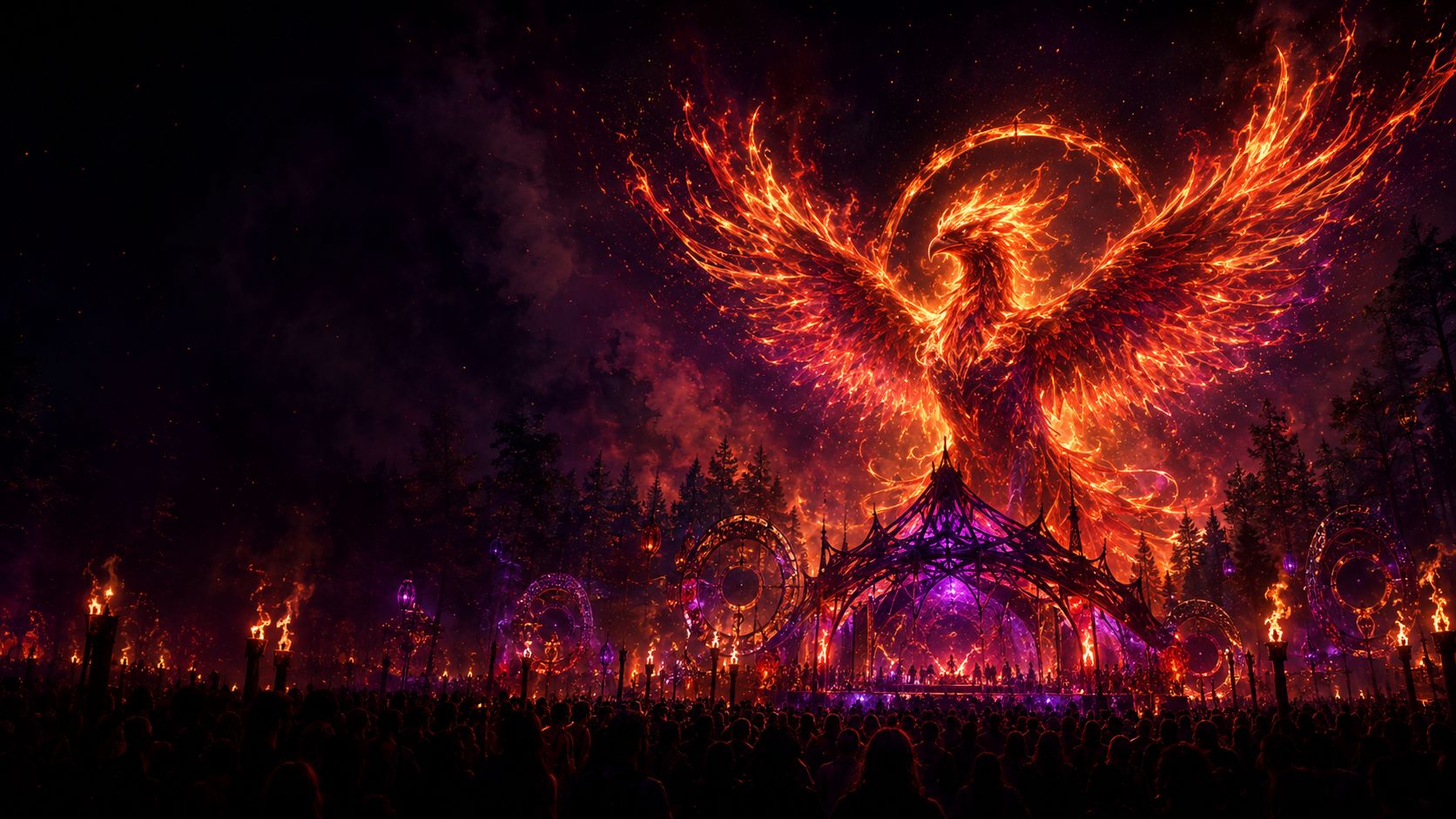 Illustrative artwork: a fiery phoenix rising above a lantern-lit night festival stage, with a crowd silhouetted below