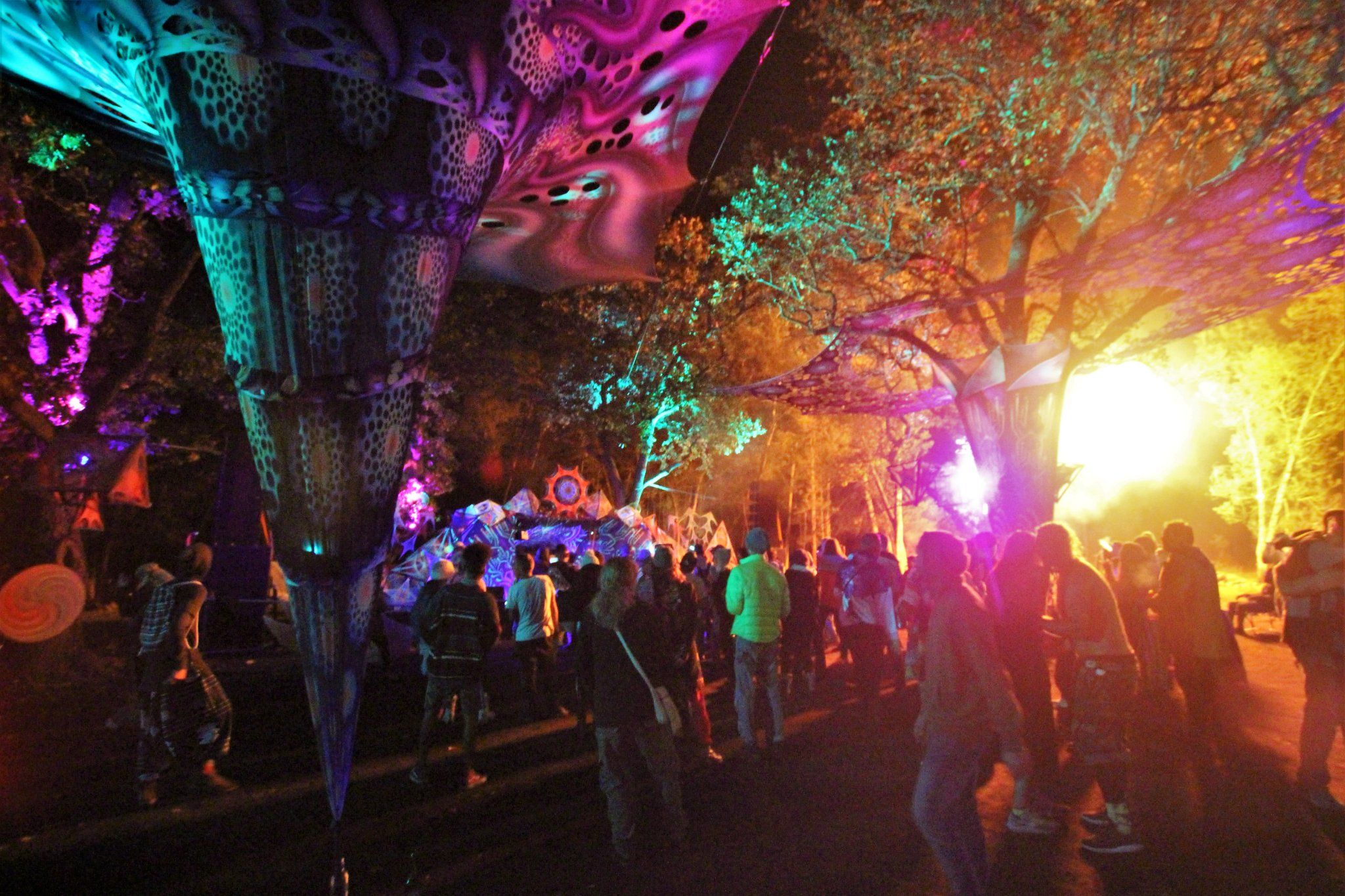 Ultraviolet fabric sculptures suspended among trees above a night crowd, lit magenta and blue